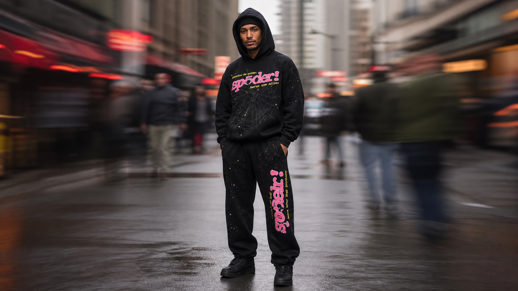 SP5DER Worldwide SS26 tracksuit on the street